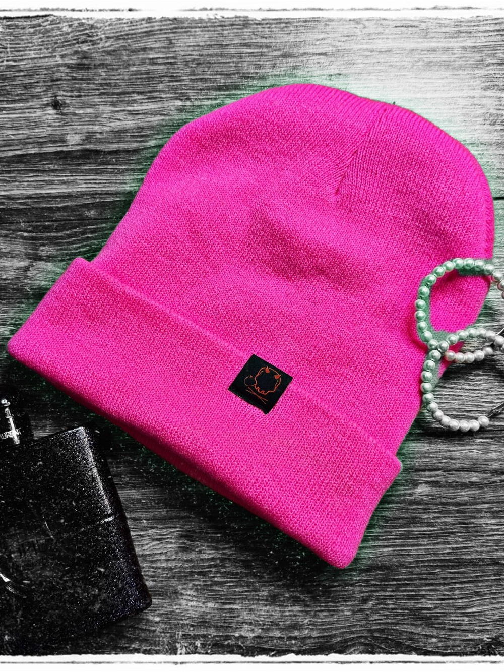 Women's Bright Pink Knit Cuffed Beanie with Logo Patch